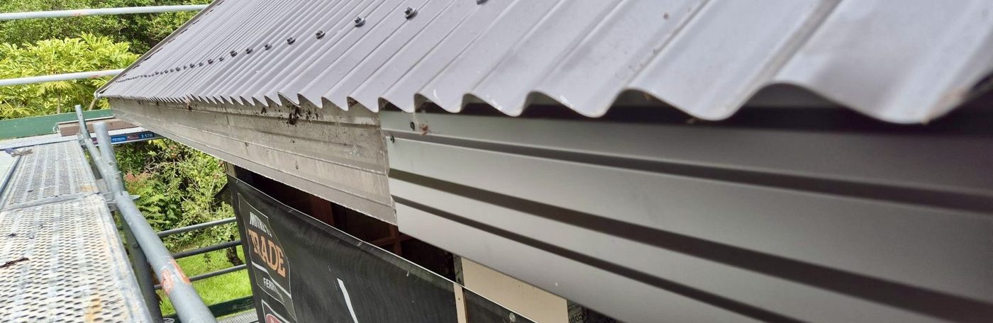 Fascia and gutter restoration detail on a residential roofline